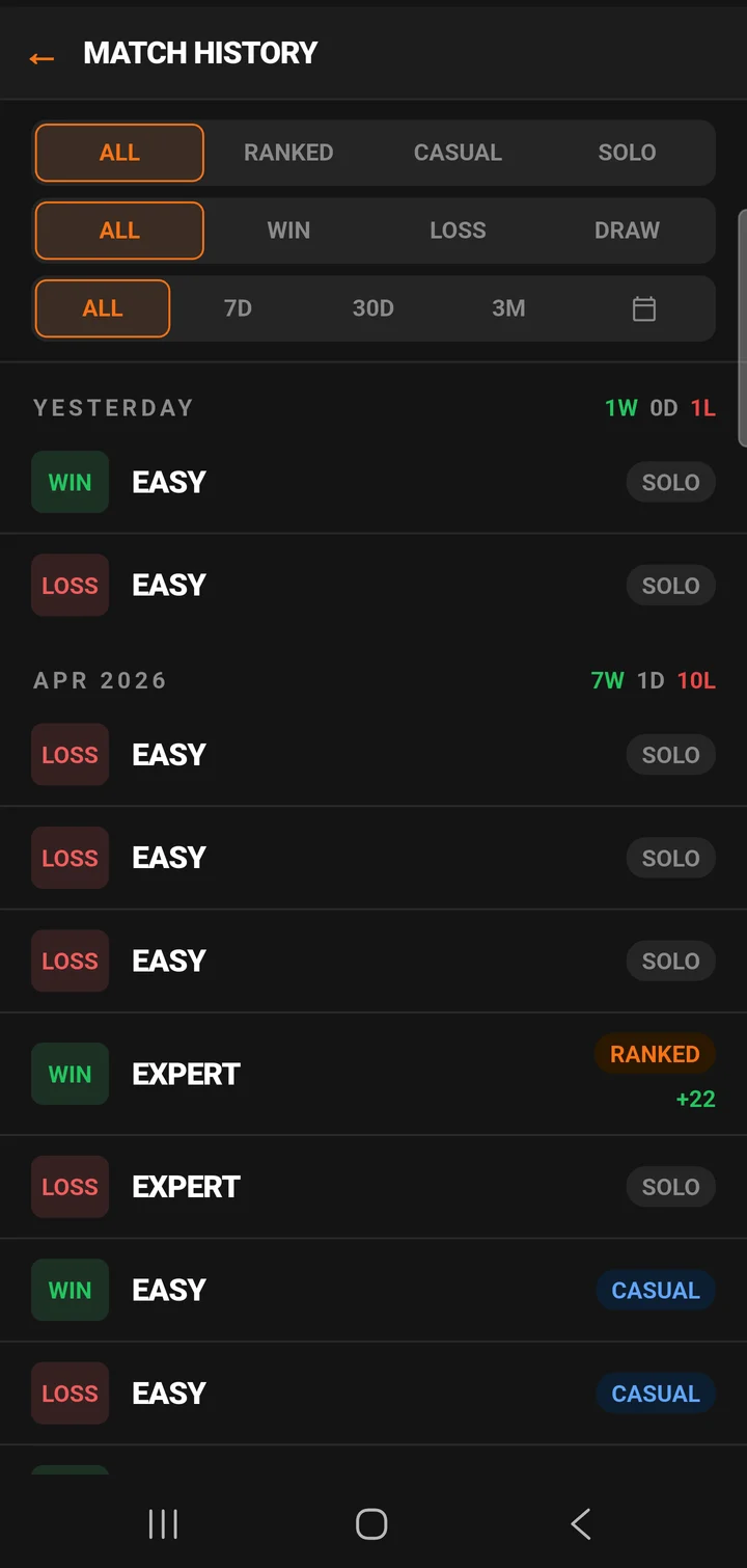 Match history screen